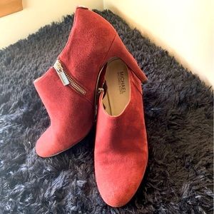 Michael Kors Red Suede Stiletto Exterior Side Zip Sammy Ankle Boot- Sz9
